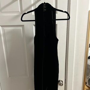 black velvet cowl neck midi halter dress